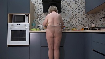 Curvy Milf In Nylon Pantyhose Seduces Her Husband In The Kitchen With Her Luscious Assets
