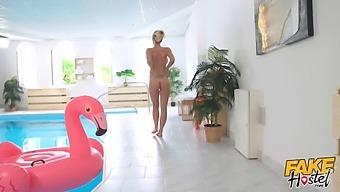 Nathaly Cherie, A Milf With Big Breasts, Engages In Anal Sex With A Well-Endowed Man By The Pool In A Staged Setting.